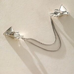 NEW Free People Silver Tone Helping Hands Double Pin Brooch with Chain Connector